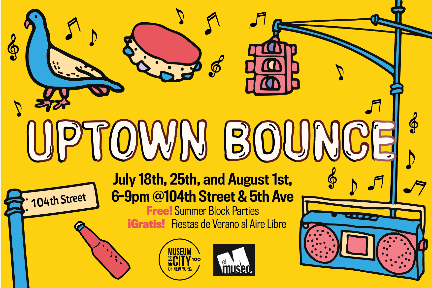 Illustrations of a street sign, boombox, tambourine, pigeon, and more around the title of "Uptown Bounce."